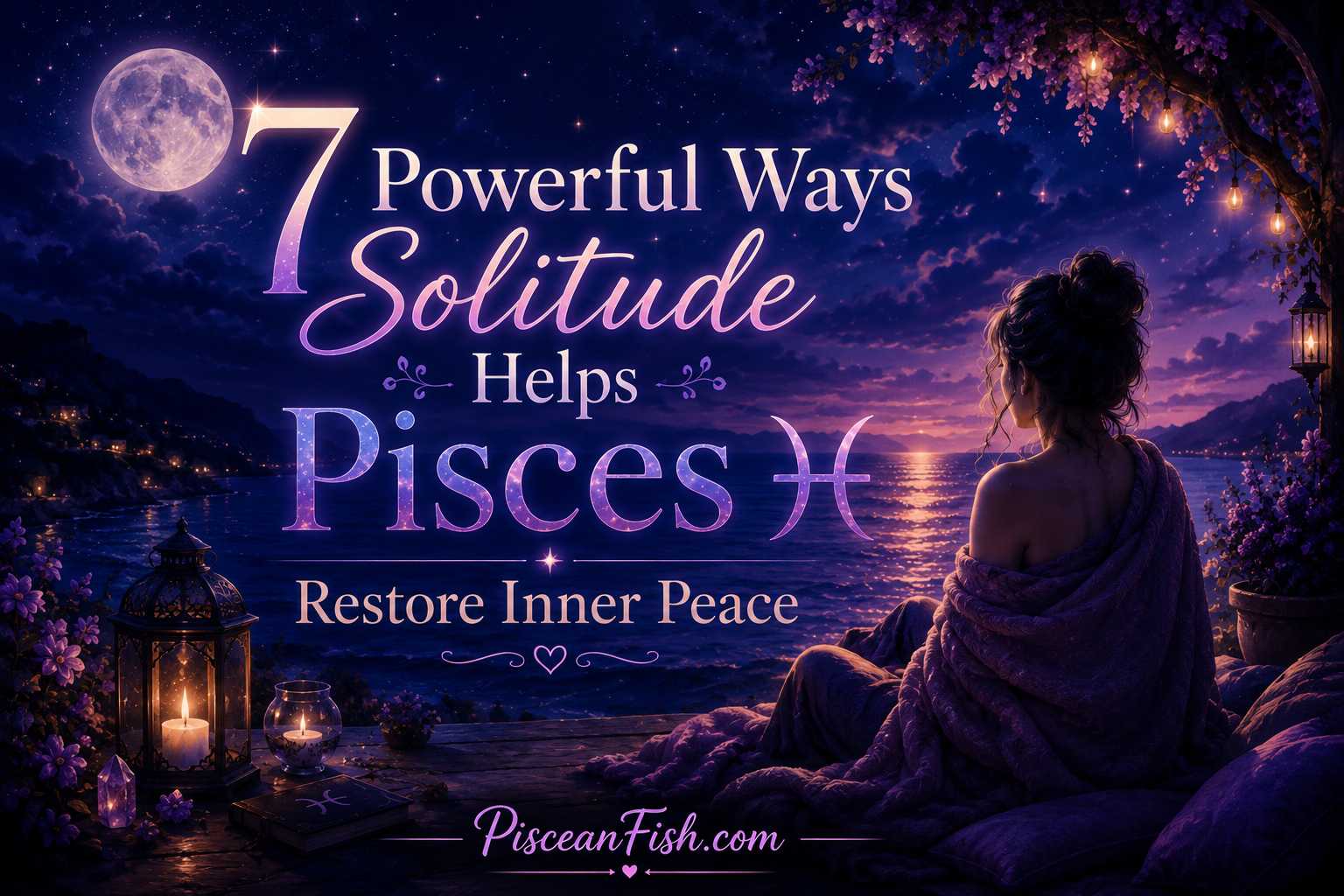 Dreamy cinematic illustration of a Pisces woman enjoying peaceful solitude by the ocean under a starry night sky, representing inner peace and emotional renewal.