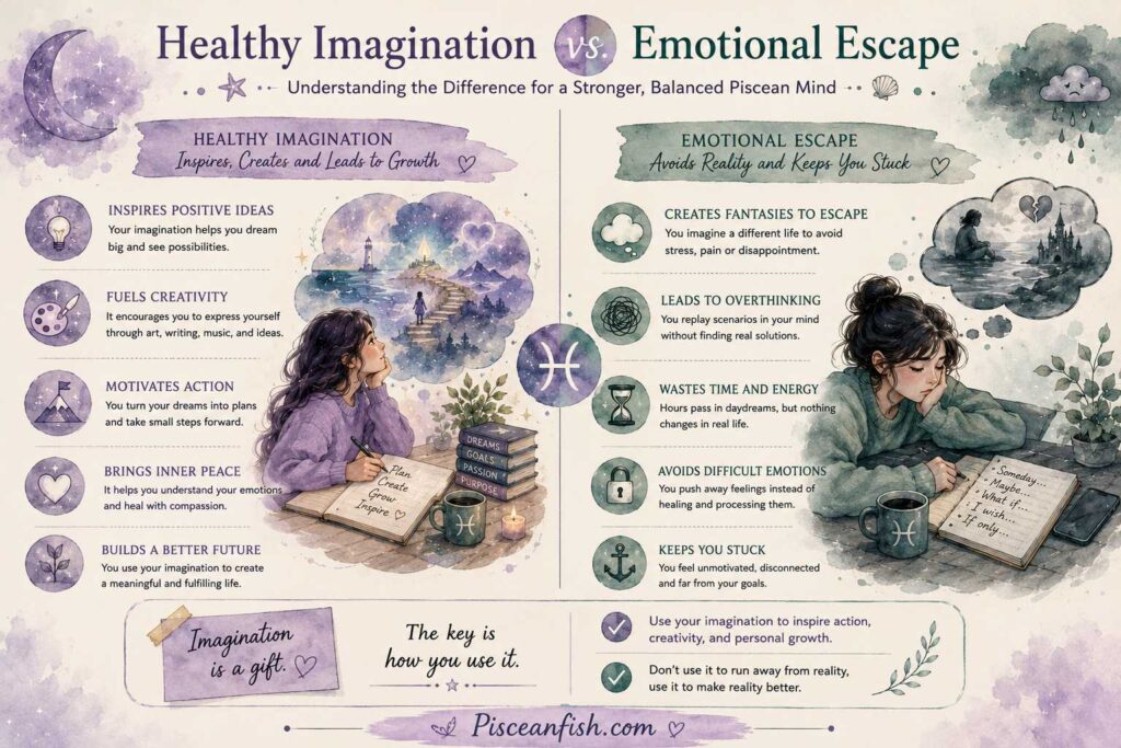Healthy imagination vs emotional escape infographic showing how Pisces can use creativity for growth instead of avoiding reality.
