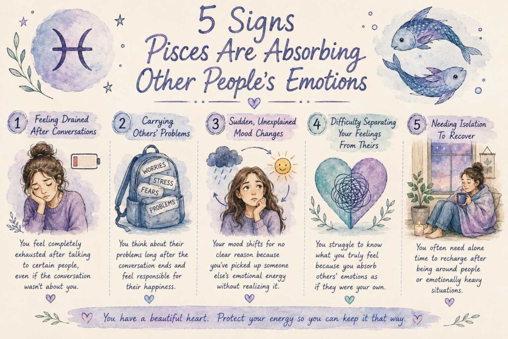 5 signs Pisces are absorbing other people’s emotions, including emotional exhaustion, carrying others’ problems, mood changes, difficulty separating feelings, and needing alone time.