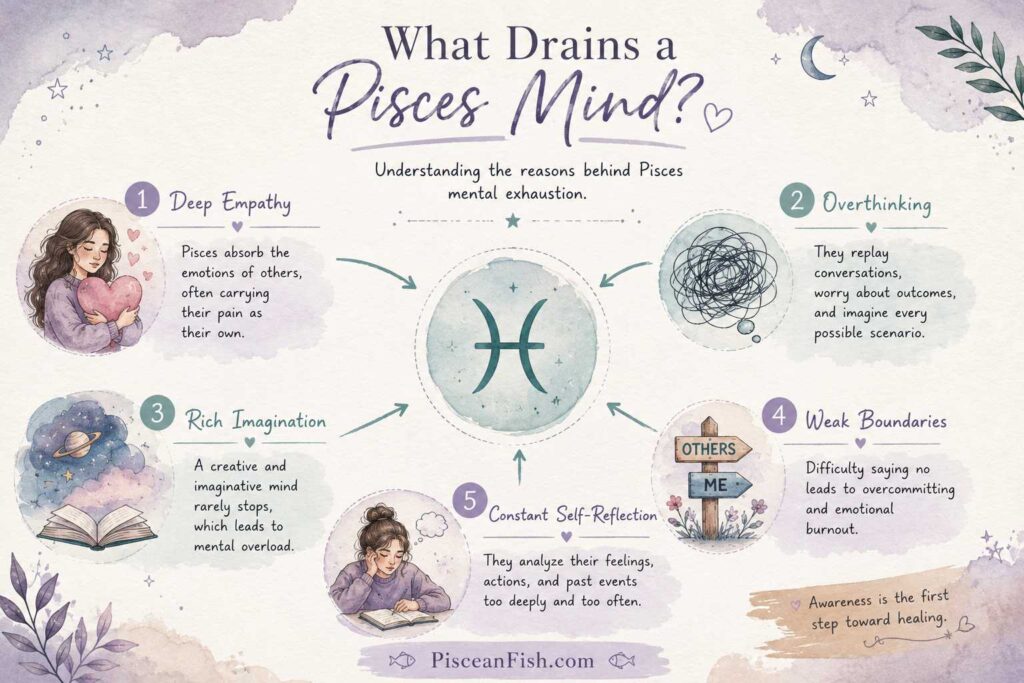 What drains a Pisces mind infographic showing five causes of Pisces mental exhaustion including empathy, overthinking, imagination, weak boundaries, and self-reflection.