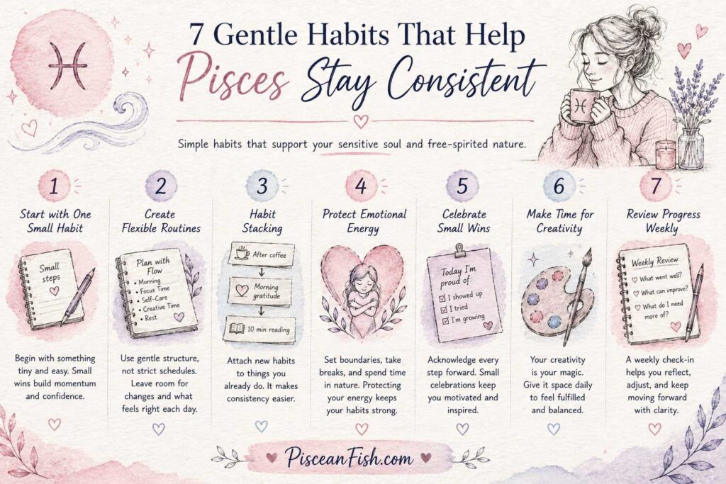 7 gentle habits that help Pisces stay consistent with flexible routines, emotional balance, and creative productivity