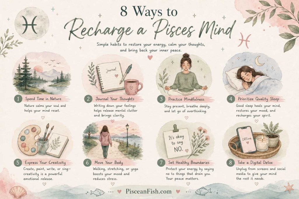 8 ways to recharge a Pisces mind with self-care habits to overcome Pisces mental exhaustion infographic