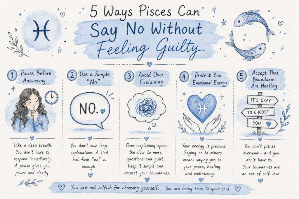 Handmade infographic showing 5 ways Pisces can say no without feeling guilty and protect their emotional energy.