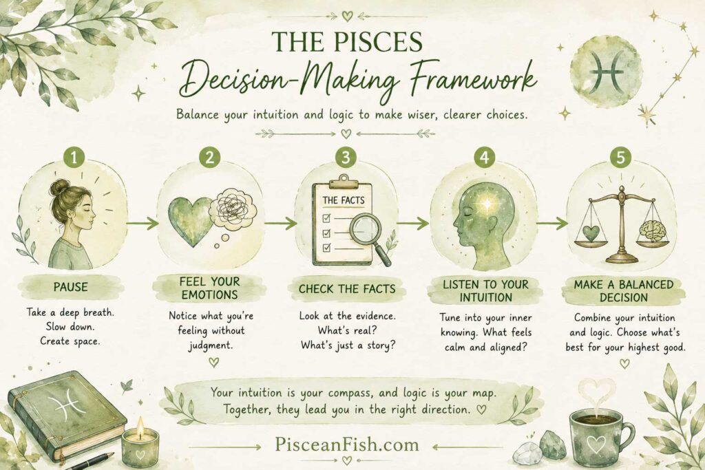 Pisces decision-making framework infographic showing how to balance intuition, emotions, facts, and logic for wiser decisions.