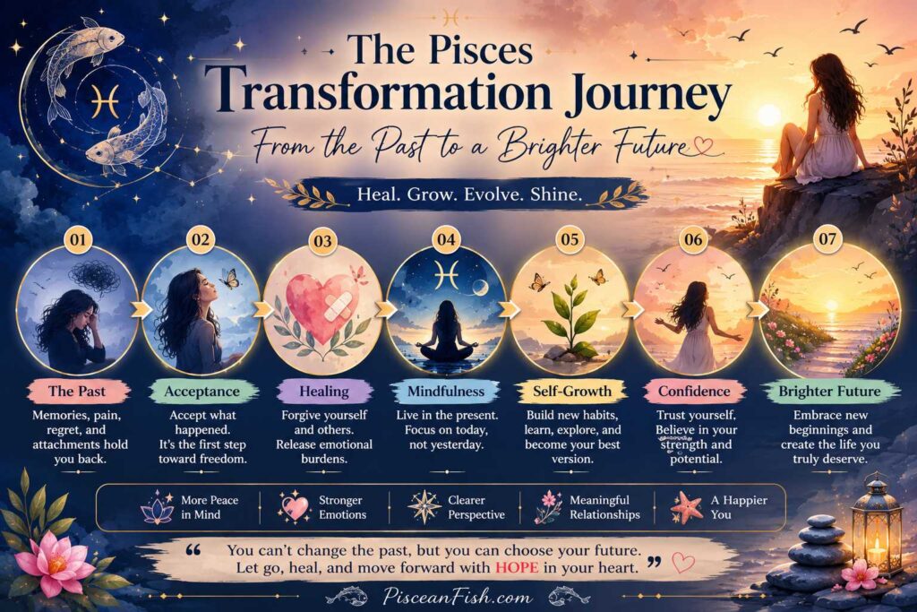 Pisces transformation journey infographic showing seven stages from letting go of the past to creating a brighter future through healing, mindfulness, and self-growth.