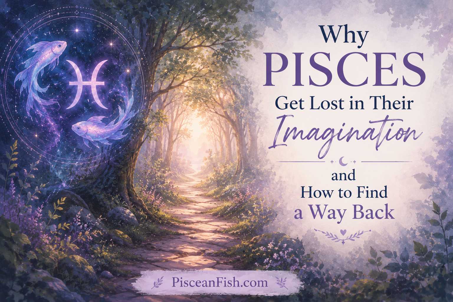 Pisces imagination represented by a dreamy forest path leading from a mystical world toward light and reality.