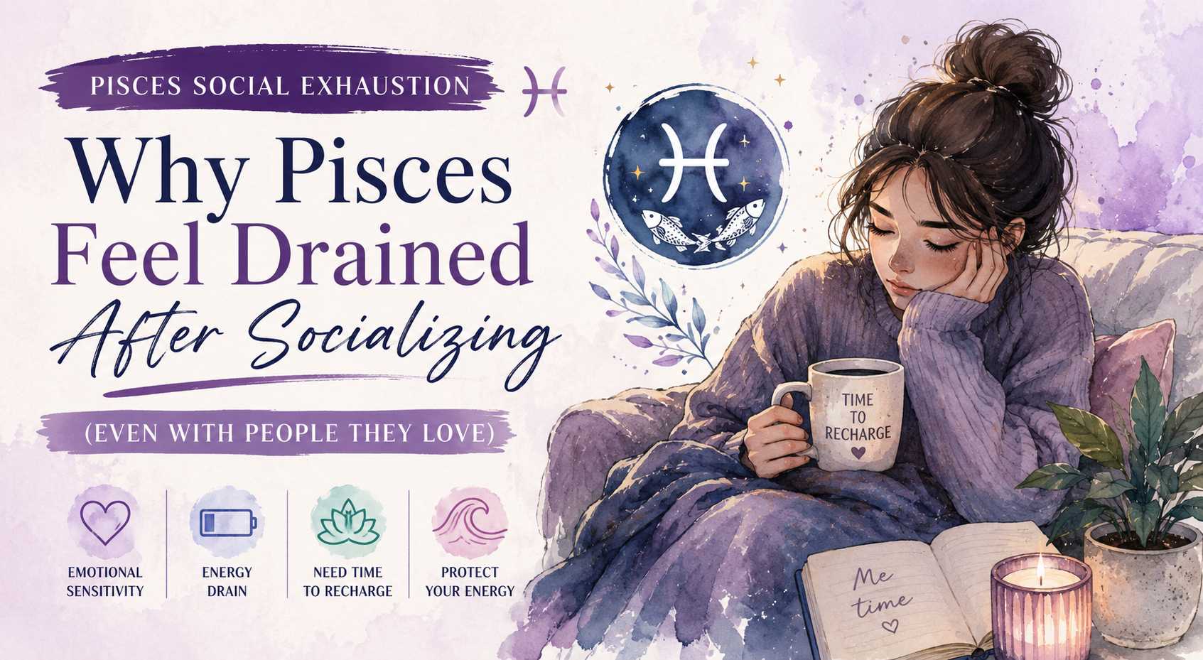 Pisces social exhaustion illustration showing a tired Pisces woman recharging alone after socializing, surrounded by calming self-care elements.