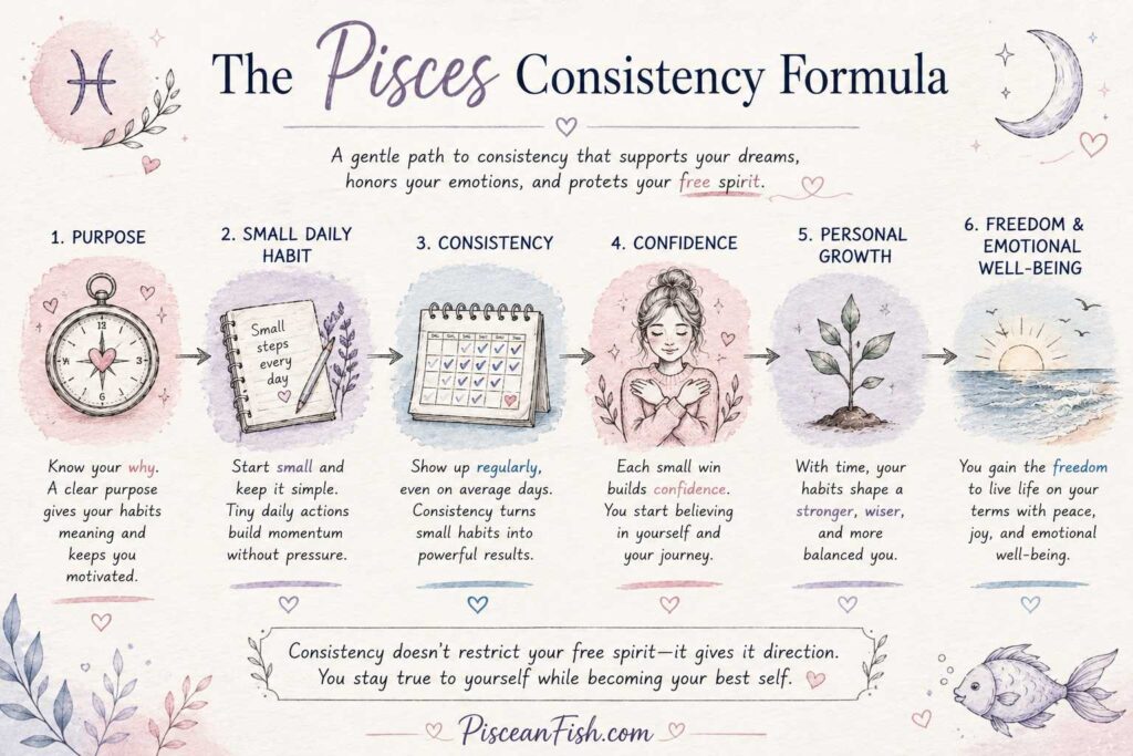 The Pisces Consistency Formula infographic showing the path from purpose and small daily habits to consistency, confidence, personal growth, and emotional well-being.