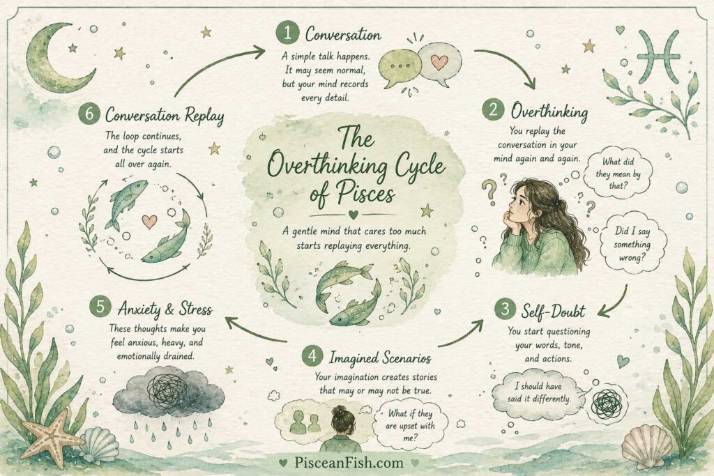 The overthinking cycle of Pisces illustrated in a hand-drawn watercolor infographic, showing how conversations can lead to overthinking, self-doubt, imagined scenarios, anxiety, and repeated mental replay.