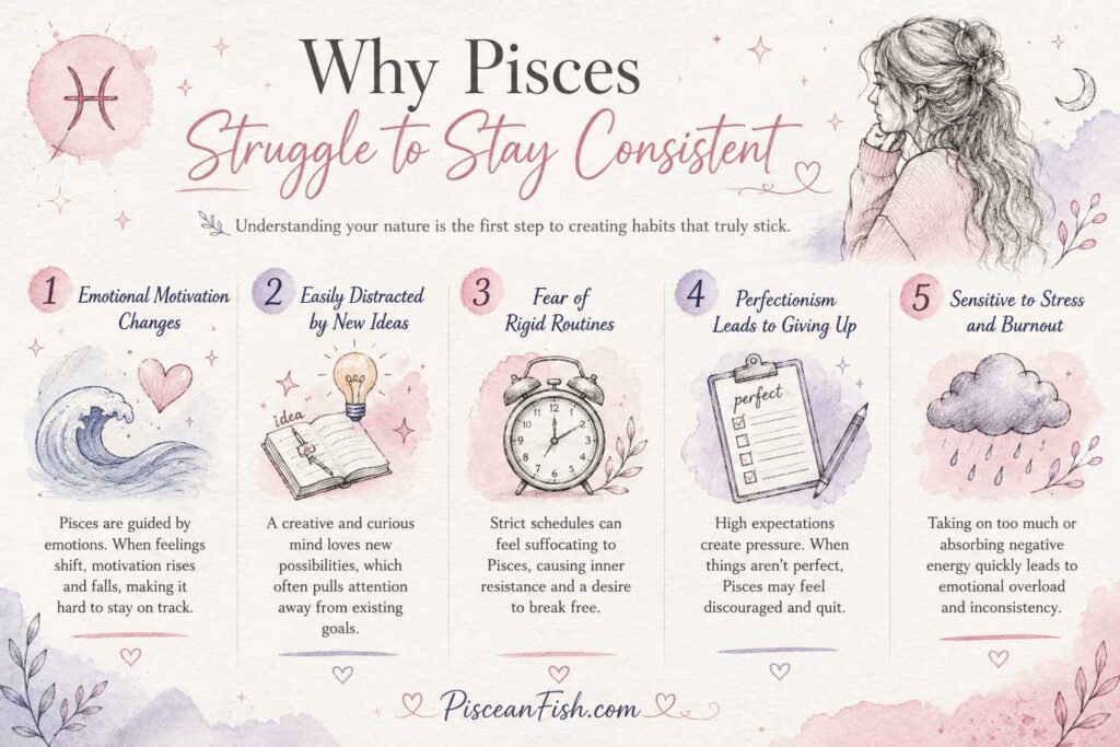 Why Pisces Struggle to Stay Consistent infographic showing five common challenges including emotional motivation changes, distraction, fear of rigid routines, perfectionism, and burnout.