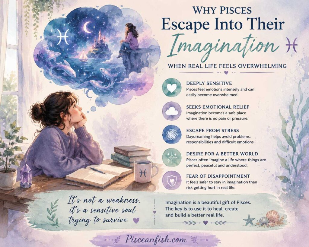 Why Pisces escape into their imagination when real life feels overwhelming, illustrated with daydreaming, emotional sensitivity, stress, and creative escape.