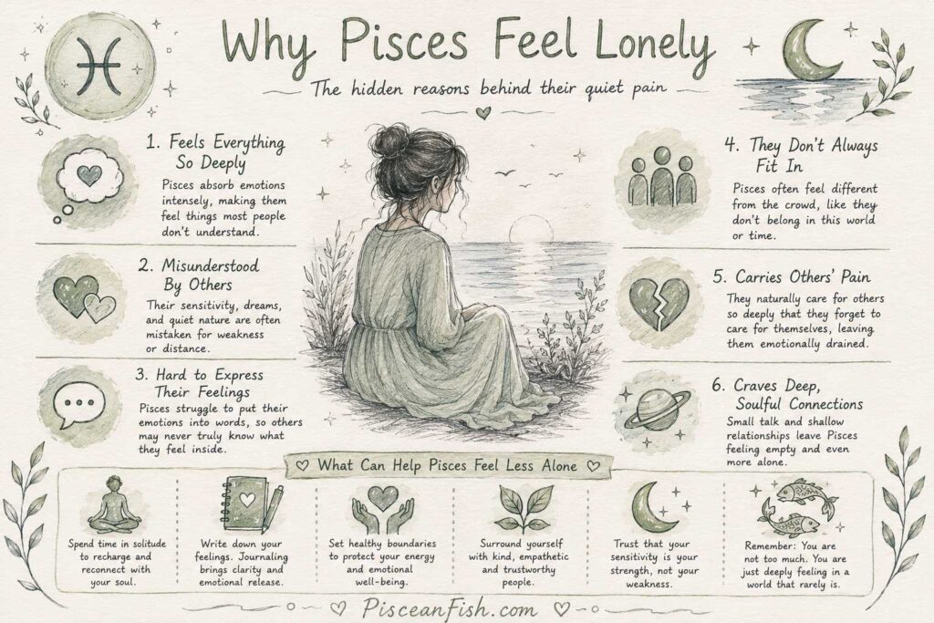 Handmade infographic explaining why Pisces feel lonely, including deep emotions, feeling misunderstood, difficulty expressing feelings, and craving meaningful connections.