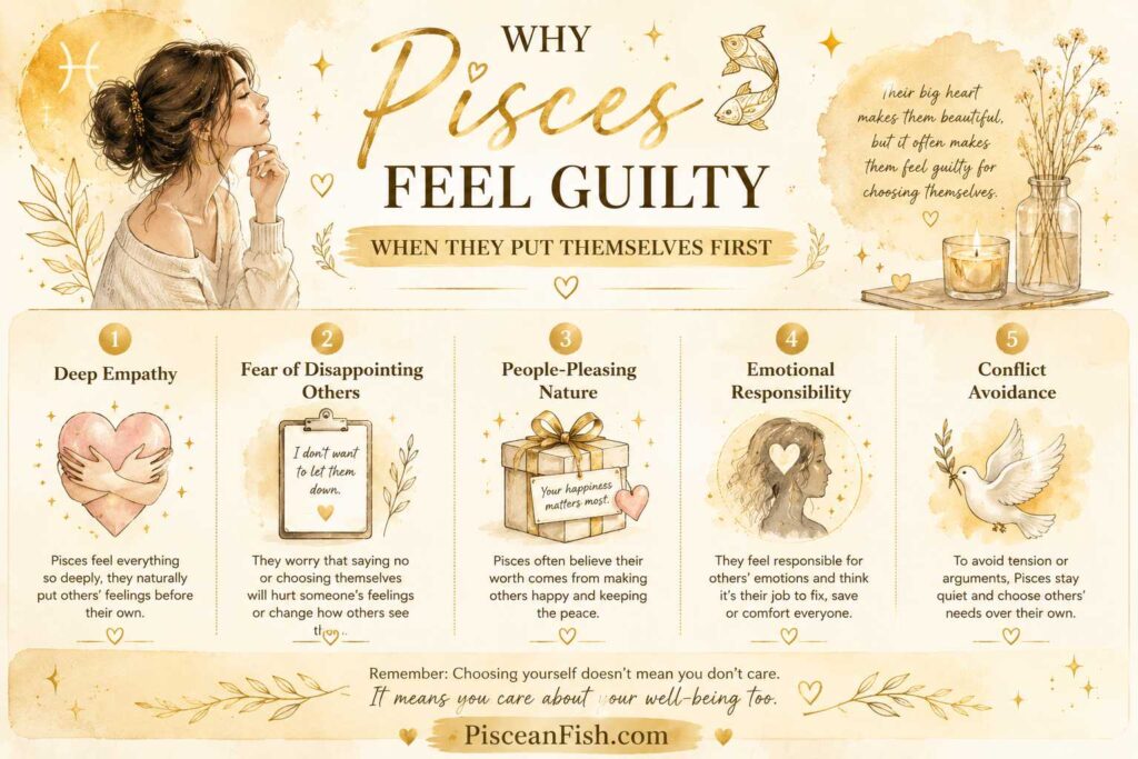 Why Pisces Feel Guilty When They Put Themselves First infographic showing five emotional reasons: deep empathy, fear of disappointing others, people-pleasing, emotional responsibility, and conflict avoidance.
