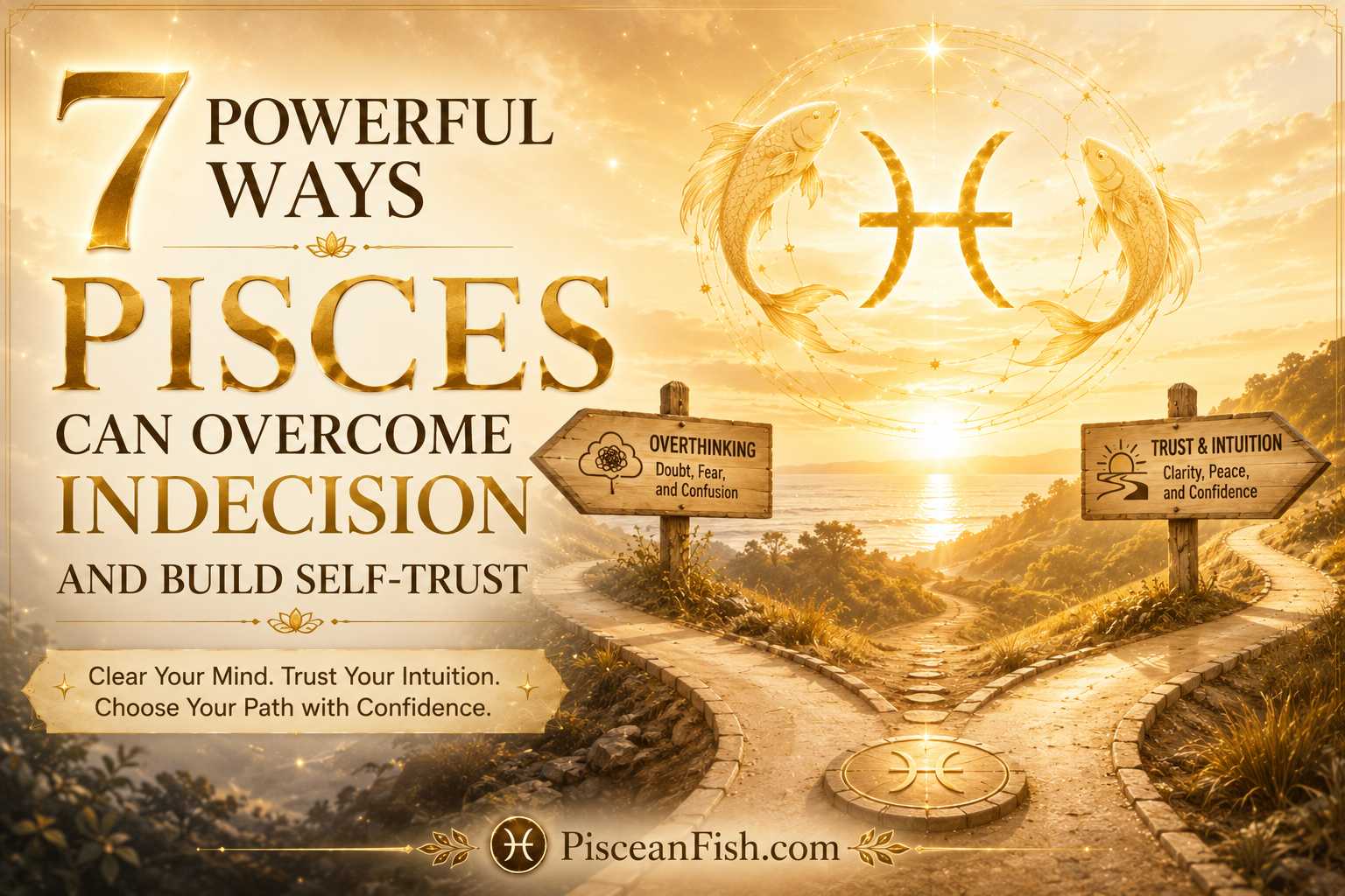 Golden Pisces crossroads illustration showing two paths representing overthinking and self-trust, symbolizing overcoming indecision with the Pisces zodiac sign and PisceanFish.com watermark.