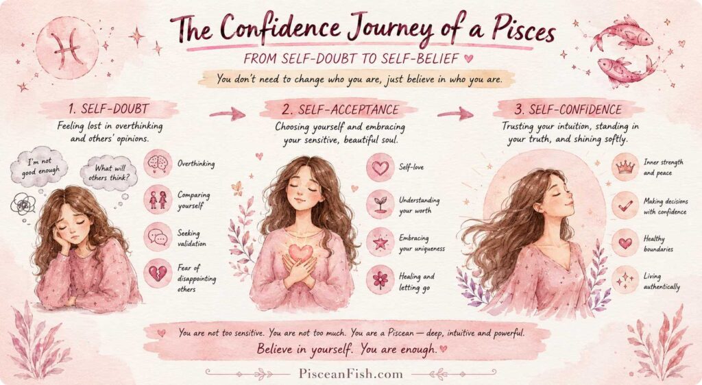 Pisces self-confidence journey infographic showing the path from self-doubt to self-acceptance and self-confidence in a soft blush pink handmade watercolor style.
