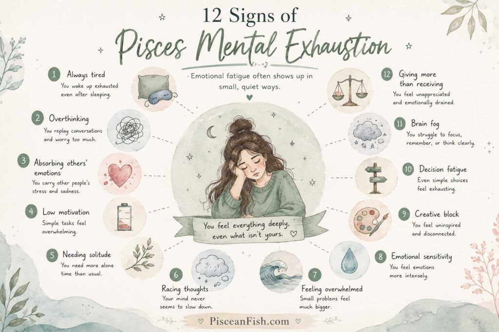 12 Signs of Pisces Mental Exhaustion infographic in a handmade watercolor style showing common emotional and mental fatigue symptoms with soft pastel illustrations and PisceanFish.com watermark.