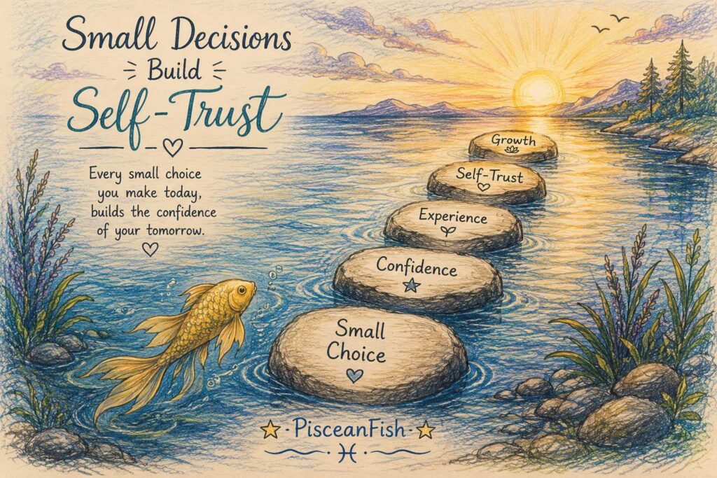 "Hand-drawn illustration showing stepping stones labeled Small Choice, Confidence, Experience, Self-Trust, and Growth across calm water, symbolizing how Pisces build confidence through small daily decisions."