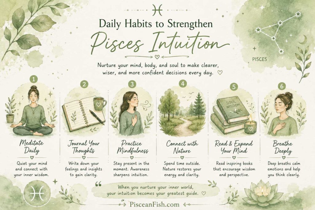 Daily habits to strengthen Pisces intuition with meditation, journaling, mindfulness, and nature in a light green watercolor infographic