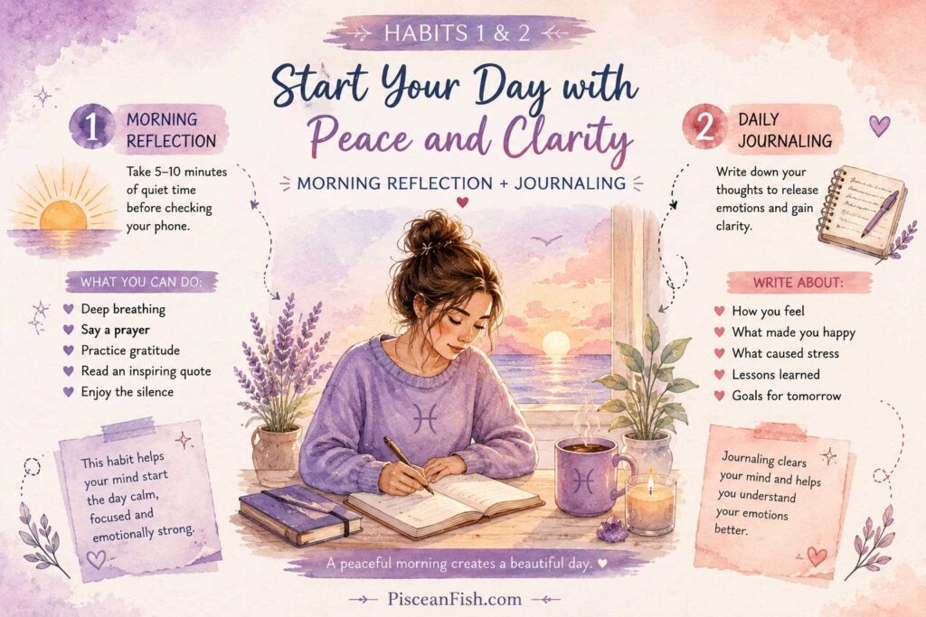 Morning reflection and daily journaling infographic showing two calming daily habits for Pisces to improve emotional balance, mindfulness, and mental clarity.