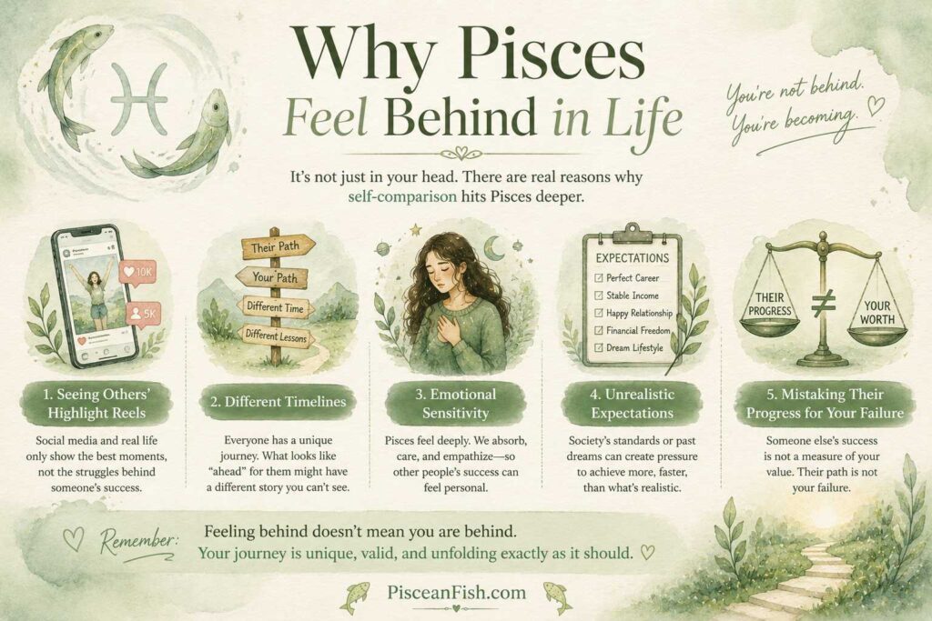 Why Pisces feel behind in life due to self-comparison, different timelines, emotional sensitivity, and unrealistic expectations
