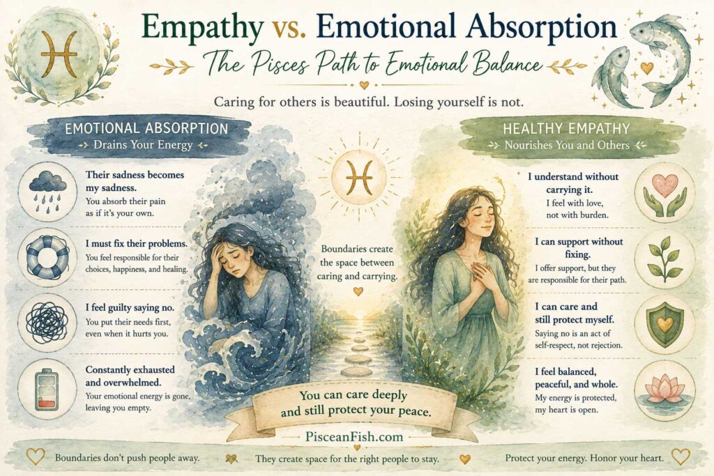 Pisces emotional boundaries infographic comparing emotional absorption with healthy empathy and emotional balance