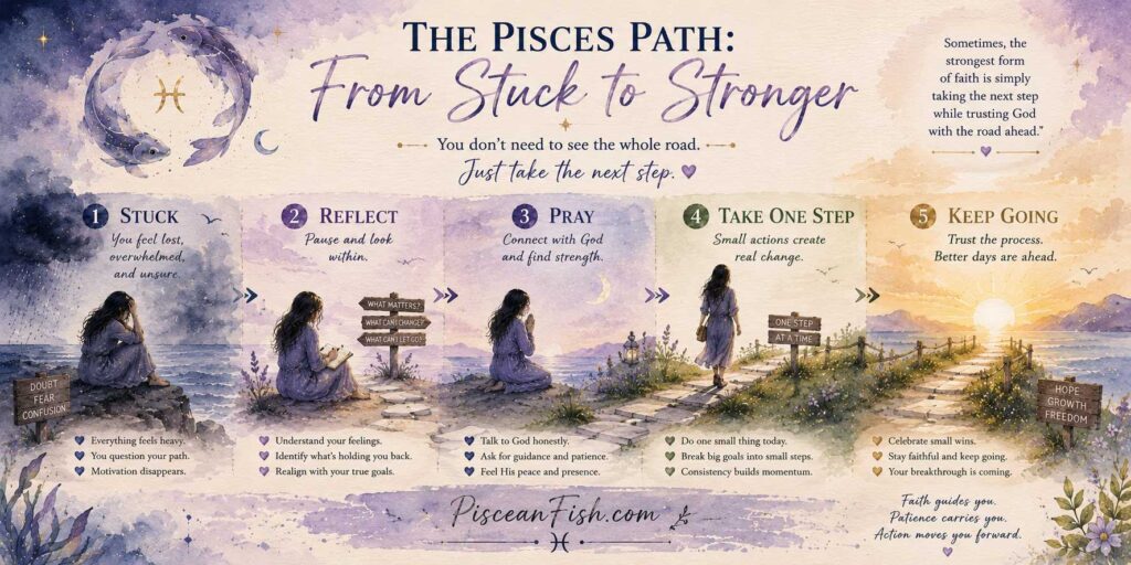 Watercolor Pisces infographic showing a five-step path from feeling stuck to becoming stronger through reflection, prayer, taking one small step, and continuing forward.