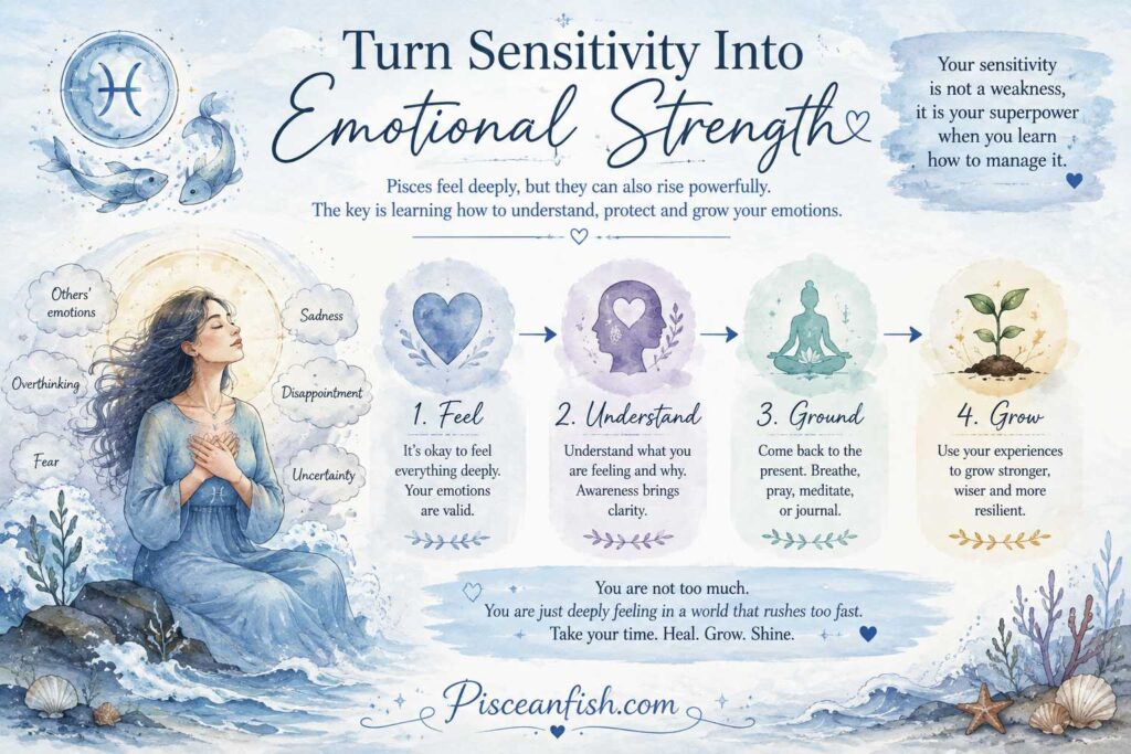 Pisces emotional sensitivity transformed into strength through feeling, understanding, grounding, and personal growth
