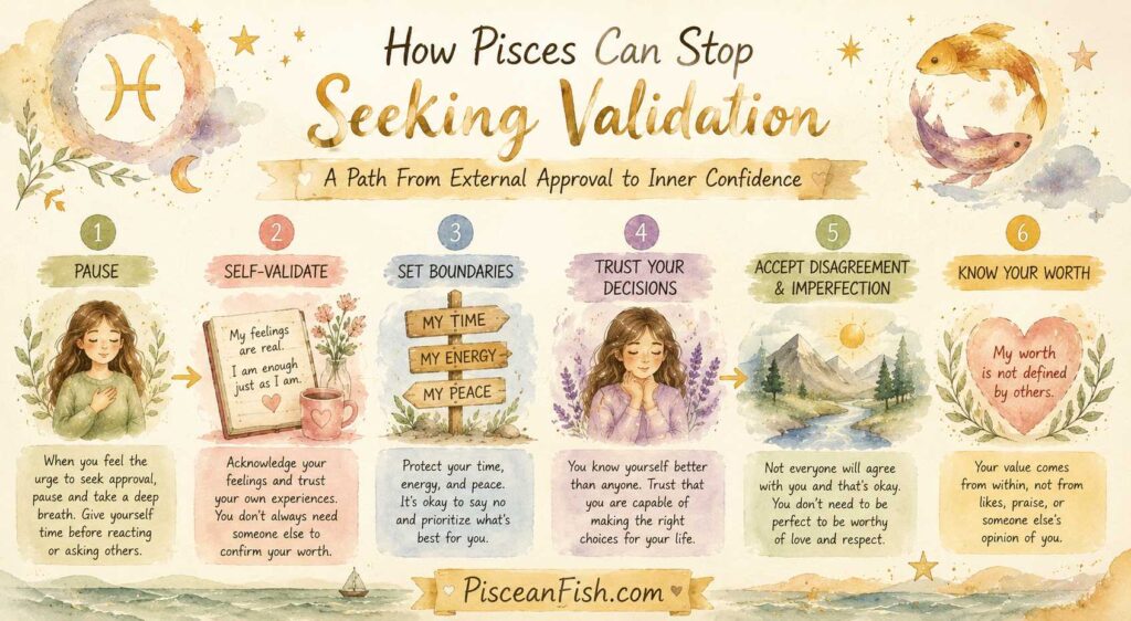 How Pisces can stop seeking validation through self-validation, boundaries, trusting decisions, and knowing personal worth, illustrated in a handmade watercolor style.