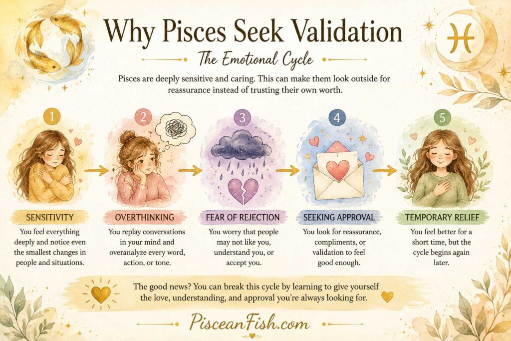 Why Pisces seek validation emotional cycle infographic showing sensitivity, overthinking, fear of rejection, seeking approval, and temporary relief.