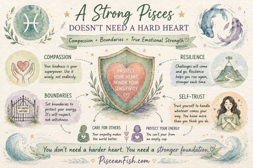 Handmade watercolor infographic showing how Pisces can build mental toughness through compassion, boundaries, resilience, and self-trust.