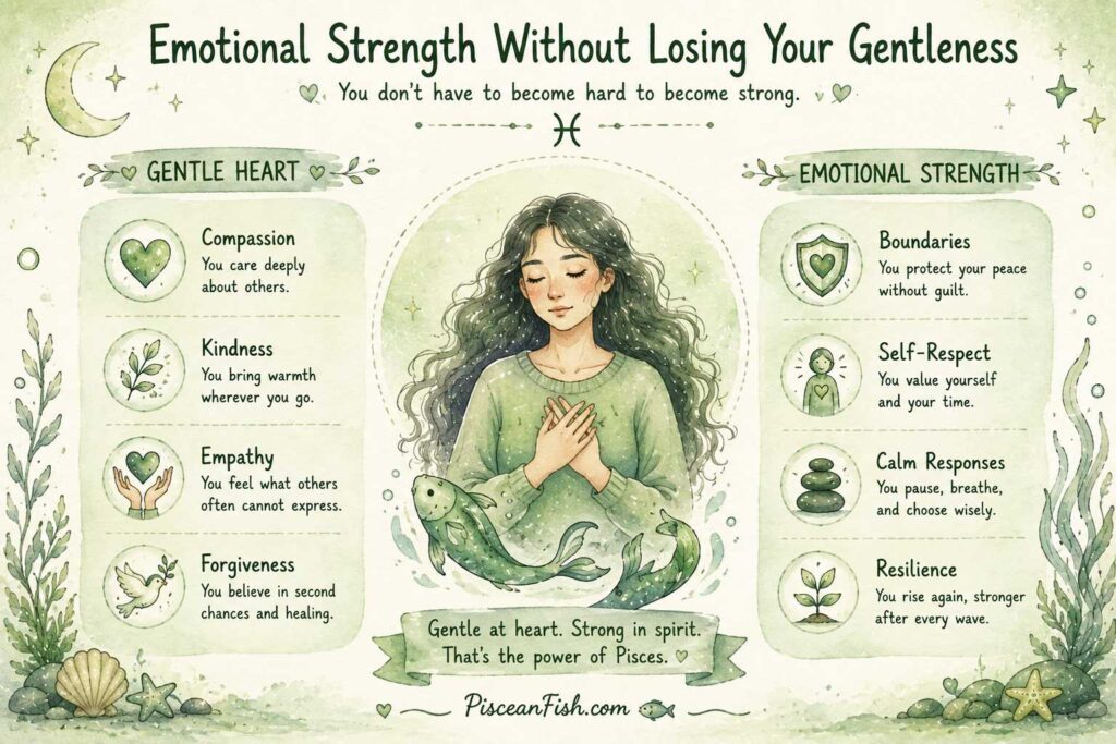 Pisces emotional strength balanced with compassion, kindness, empathy, boundaries, and self-respect