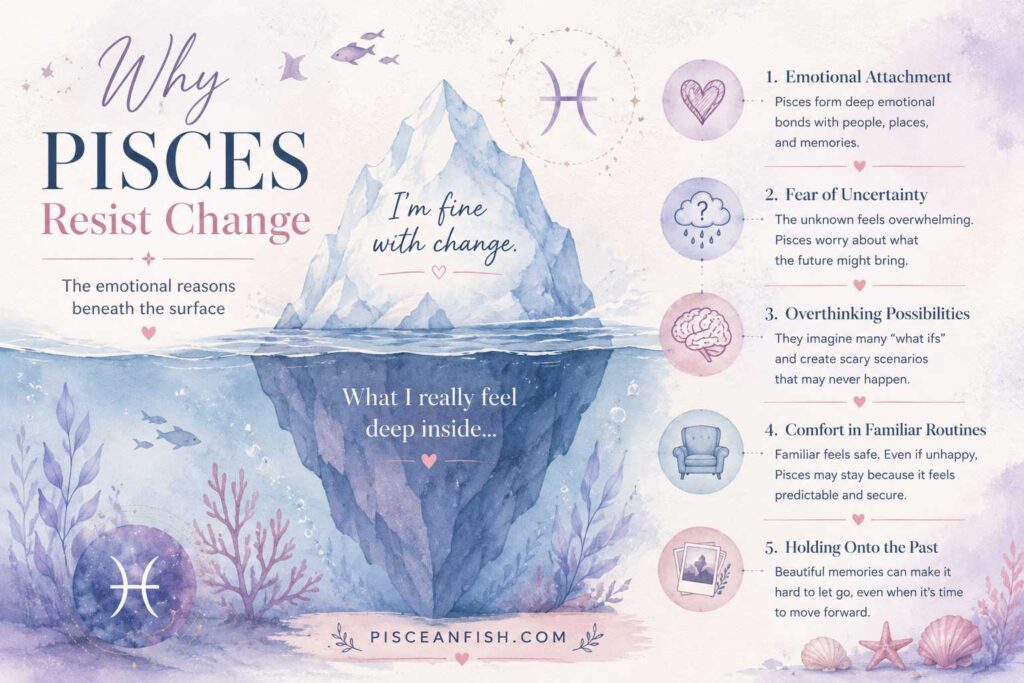 Why Pisces fear change: emotional attachment, uncertainty, overthinking, comfort, and holding onto the past illustrated with a Pisces iceberg infographic.