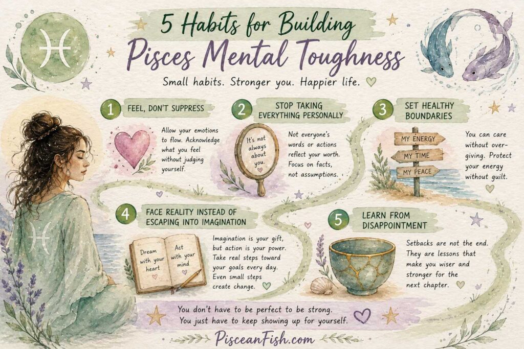 5 habits for building Pisces mental toughness, including emotional awareness, healthy boundaries, facing reality, and learning from disappointment.