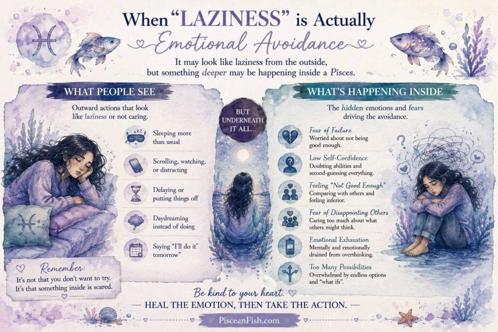 Watercolor infographic showing the hidden emotional causes behind Pisces procrastination, including fear of failure, low self-confidence, emotional exhaustion, and feeling not good enough.