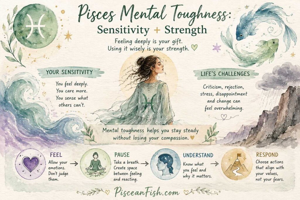 Pisces mental toughness infographic showing how sensitivity can become emotional strength through feeling, pausing, understanding, and responding.