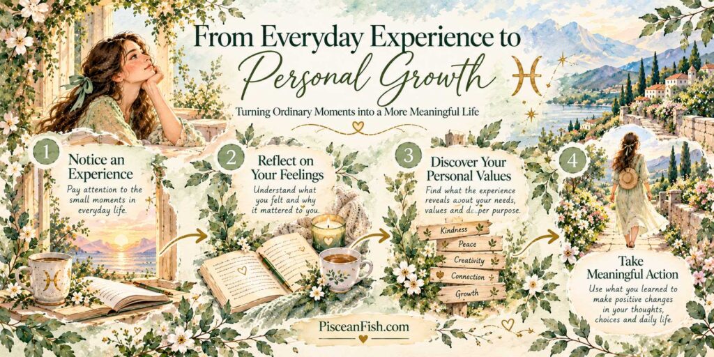 From everyday experience to personal growth, a four-step Pisces infographic showing how to notice experiences, reflect on feelings, discover personal values, and take meaningful action.