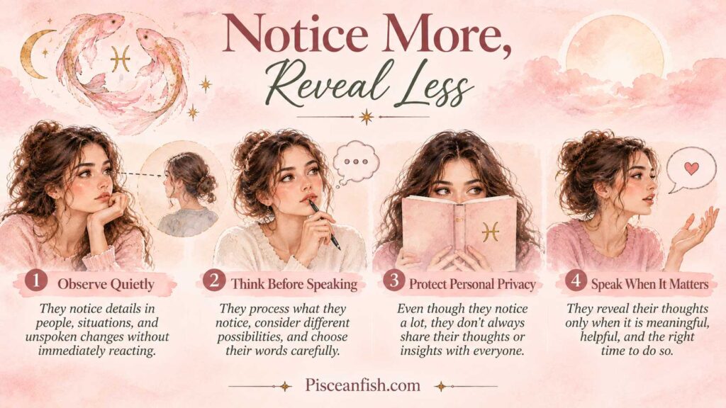 Watercolor infographic showing four ways Observant Pisces notice more and reveal less: observing quietly, thinking before speaking, protecting personal privacy, and speaking when it matters.