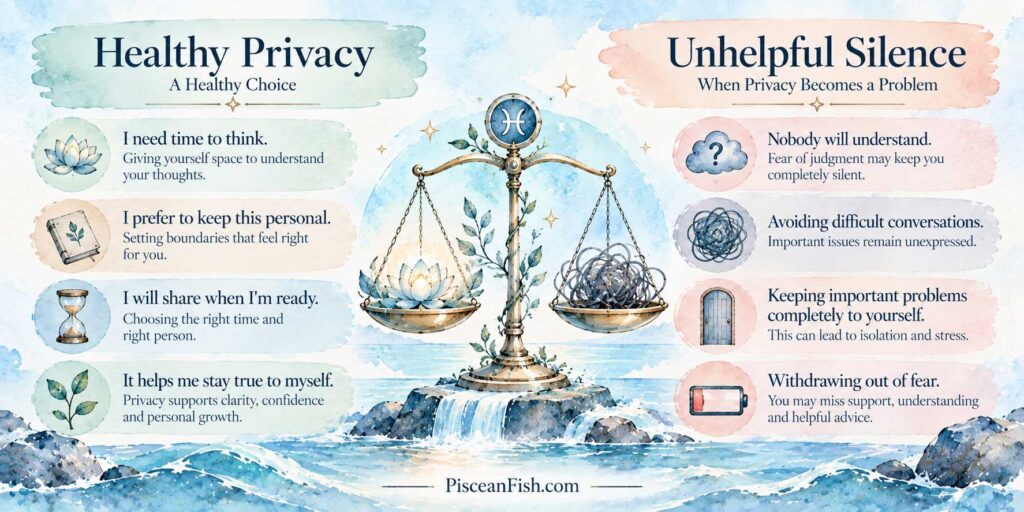 Healthy privacy vs unhelpful silence for Pisces, showing how personal boundaries can support reflection while prolonged silence may lead to isolation.