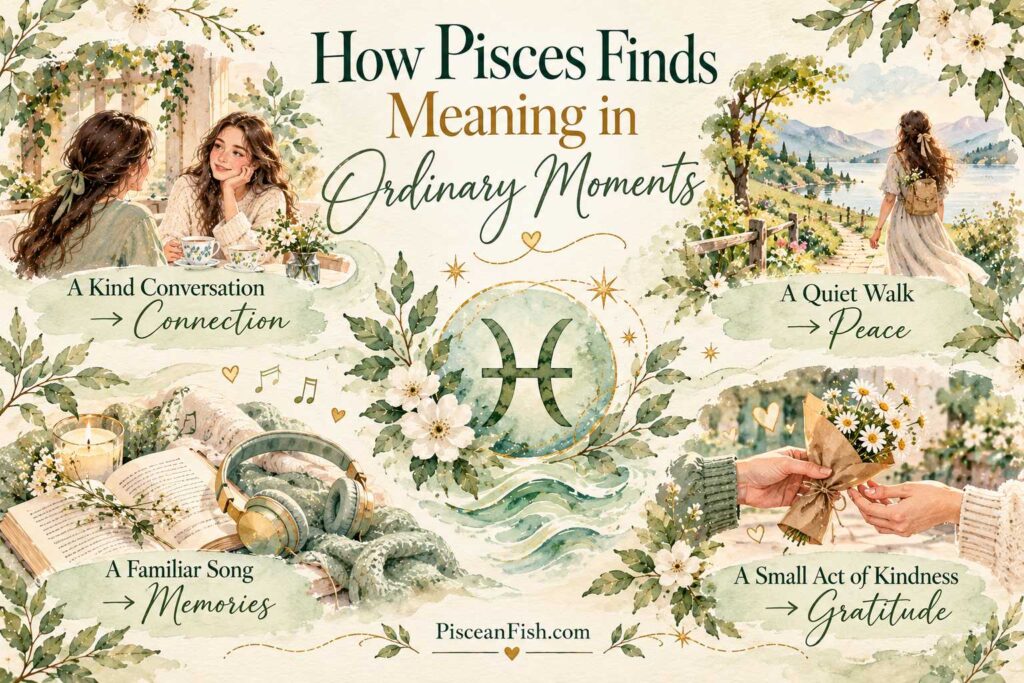 Pisces finding meaning in everyday moments through connection, peace, memories, and gratitude, watercolor infographic by PisceanFish.com.