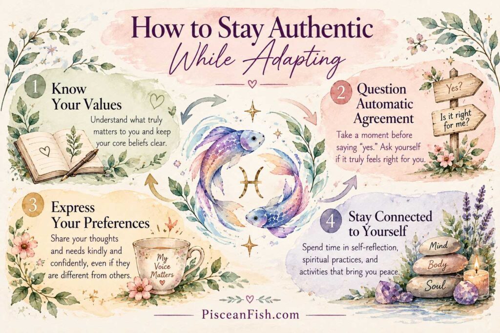 How to stay authentic while adapting: four steps for Pisces, including knowing your values, questioning automatic agreement, expressing preferences, and staying connected to yourself.