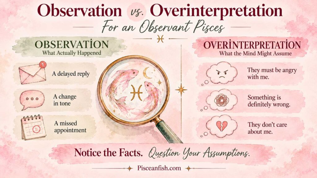 Observant Pisces infographic comparing observation and overinterpretation, showing how to distinguish facts from assumptions in everyday situations.