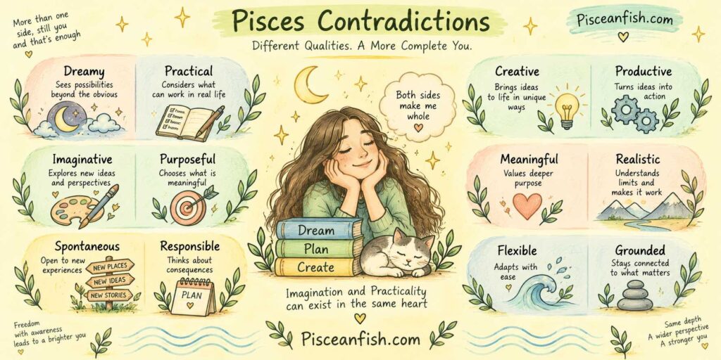 Pisces contradictions working together through dreamy, practical, creative, purposeful, flexible, and grounded qualities