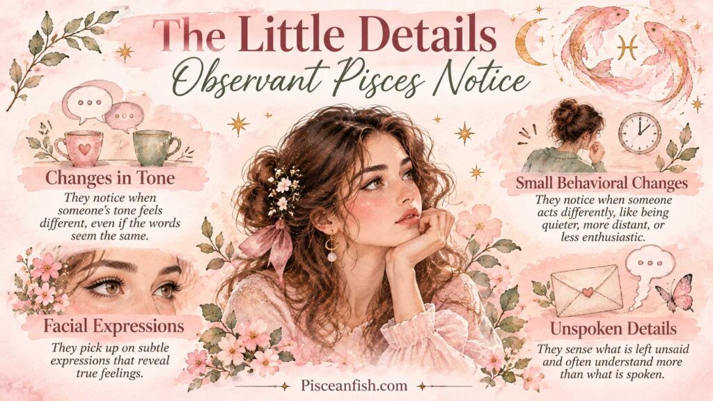 Observant Pisces noticing small details, including changes in tone, facial expressions, subtle behavioral changes, and unspoken details.