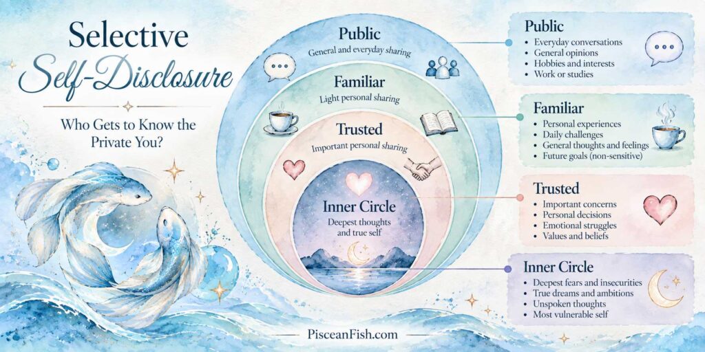 Selective self-disclosure for Pisces showing four levels of personal sharing: public, familiar, trusted, and inner circle, illustrated in a soft watercolor style.