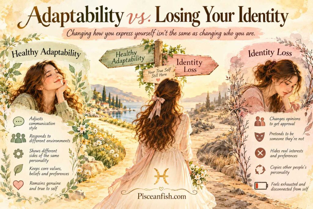Watercolor infographic illustrating Pisces adaptability versus losing personal identity, showing healthy flexibility, authentic values, and people-pleasing in soft golden tones.