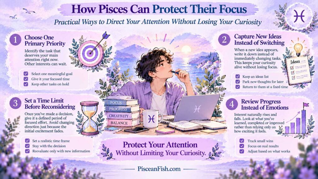 A lavender watercolor infographic showing four ways Pisces can protect their focus: choose one priority, capture new ideas, set a time limit before reconsidering, and review progress.