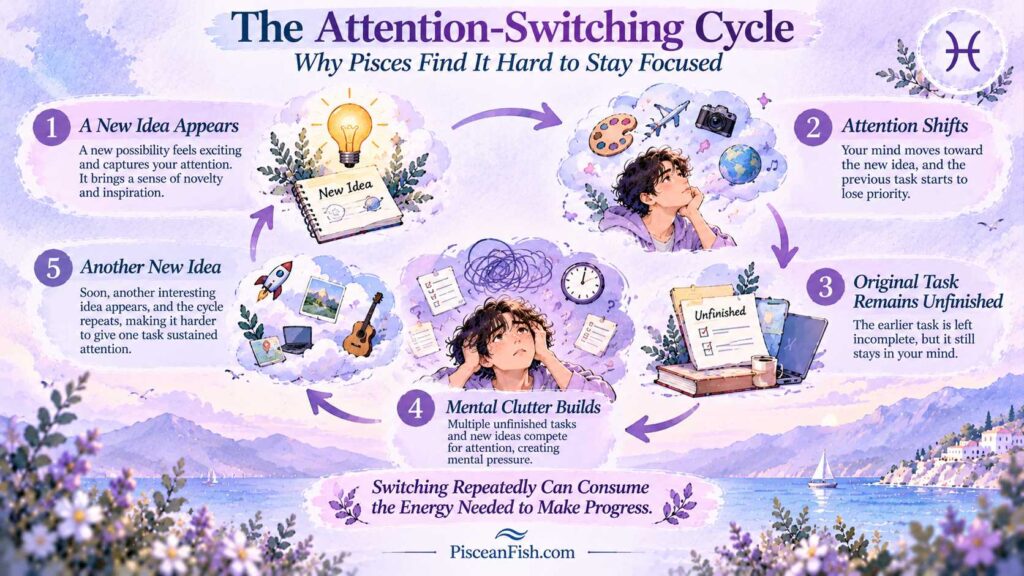The attention-switching cycle for Pisces, showing how new ideas lead to shifting attention, unfinished tasks, mental clutter, and repeated distraction.