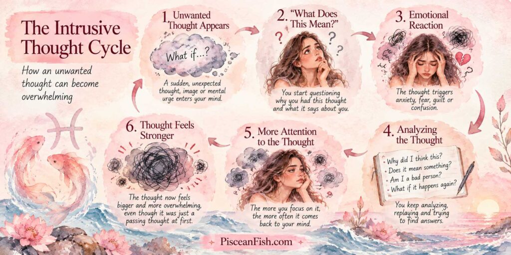 The intrusive thought cycle showing how an unwanted thought can lead to questioning, emotional reaction, overanalysis, increased attention, and stronger thoughts.