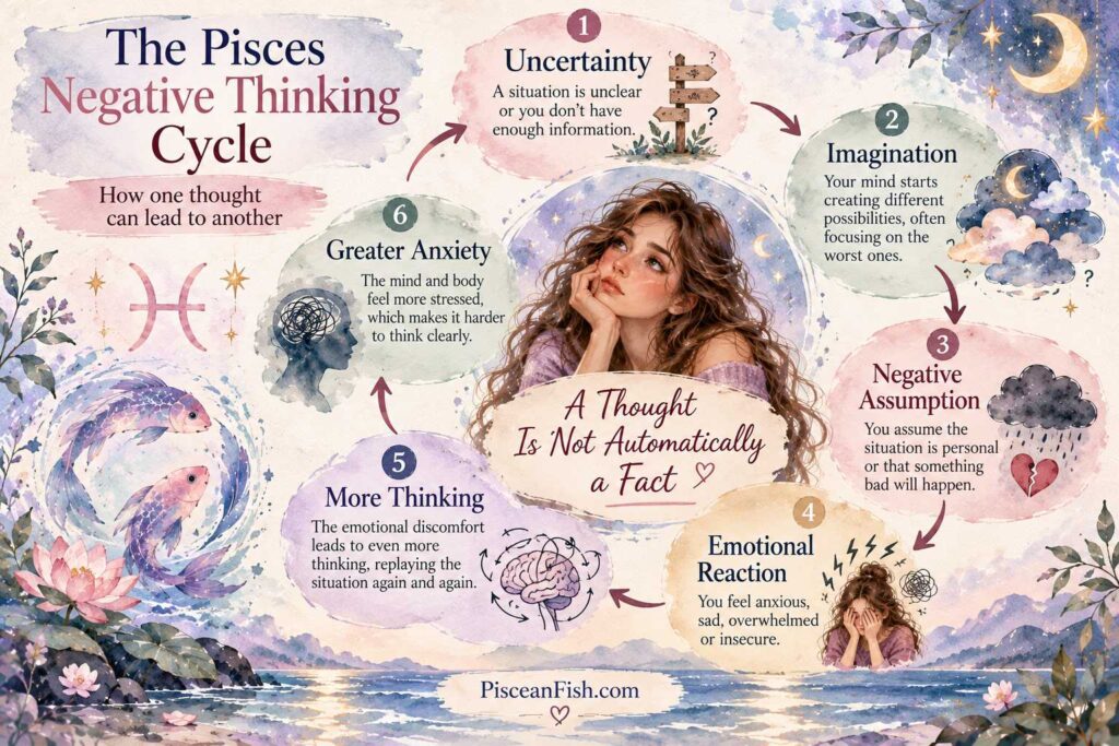 Watercolor infographic illustrating the Pisces negative thinking cycle, from uncertainty and imagination to negative assumptions, emotional reactions, overthinking, and anxiety.