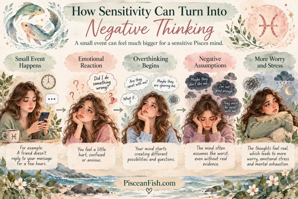 How sensitivity can turn into negative thinking in Pisces, showing the cycle from a small event and emotional reaction to overthinking, negative assumptions, worry, and stress.